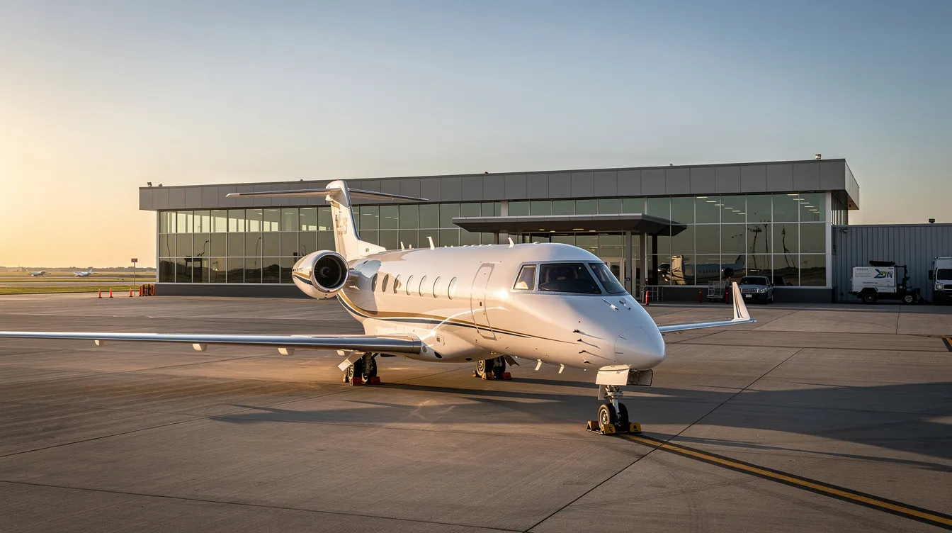 A light jet aircraft is parked on the ramp of Big Sandy Regional Airport, with the FBO building visible in the background. This scene captures the essence of the airport located in eastern Kentucky, surrounded by the beauty of the Appalachian Mountains.
