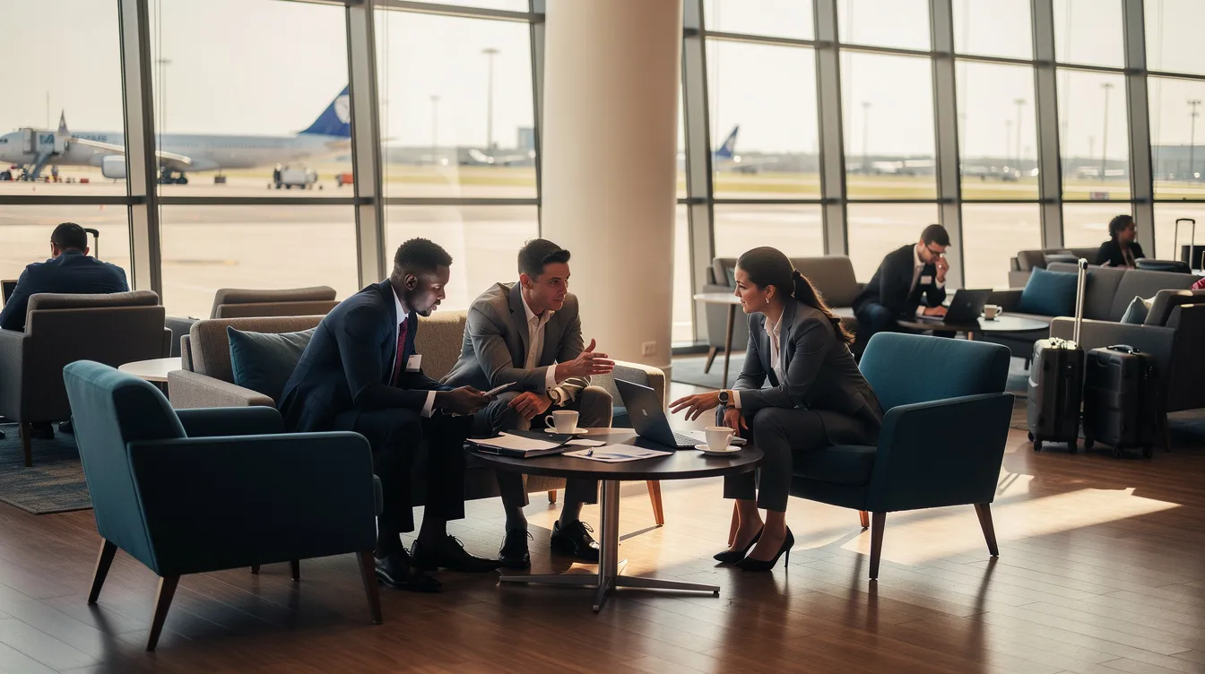 The image shows a group of business travelers engaged in a meeting at an airport lounge, likely at New York's JFK Airport, seated comfortably in leather seats as they discuss their upcoming transatlantic flights. They appear focused and are surrounded by the ambiance of a bustling airport, highlighting the travel experience before their departure.