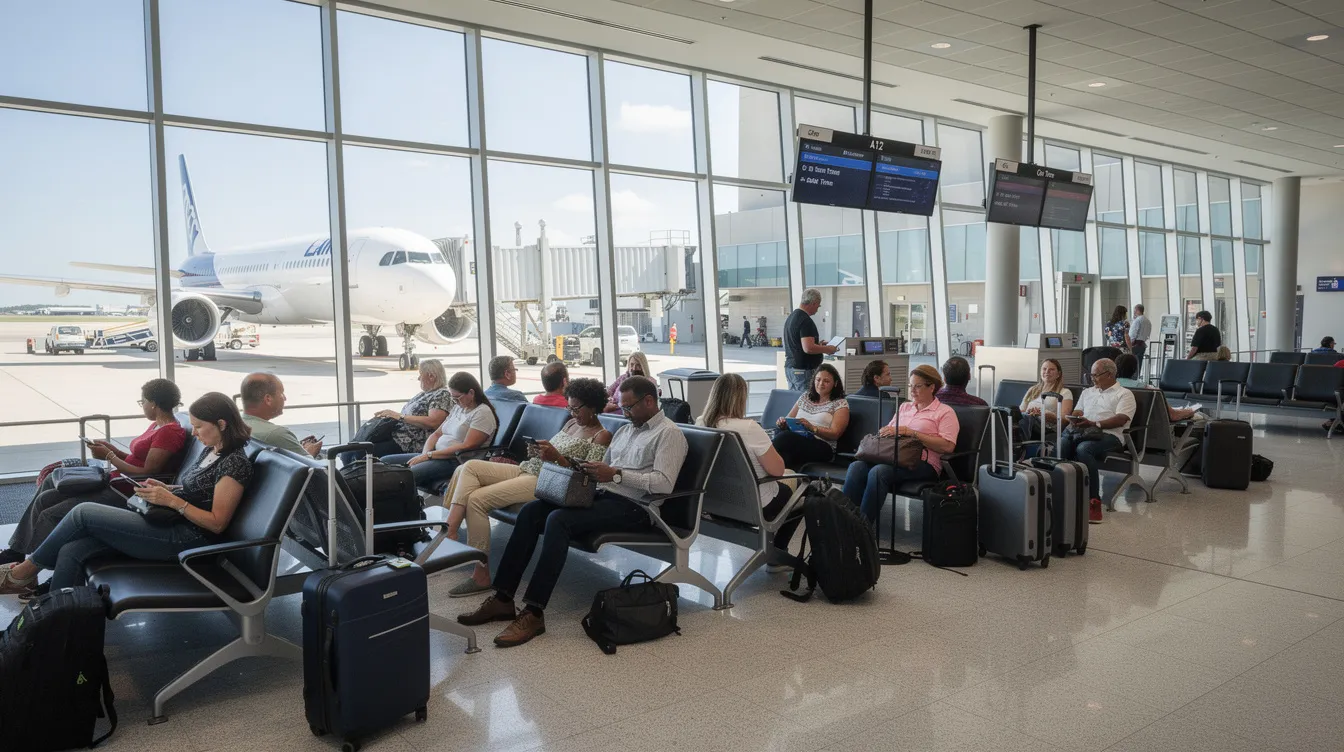 The image shows a group of passengers waiting at a JetBlue Airways gate in New York's JFK Airport, surrounded by their luggage as they prepare for their upcoming flight. The atmosphere is filled with anticipation as travelers check their tickets and chat among themselves.