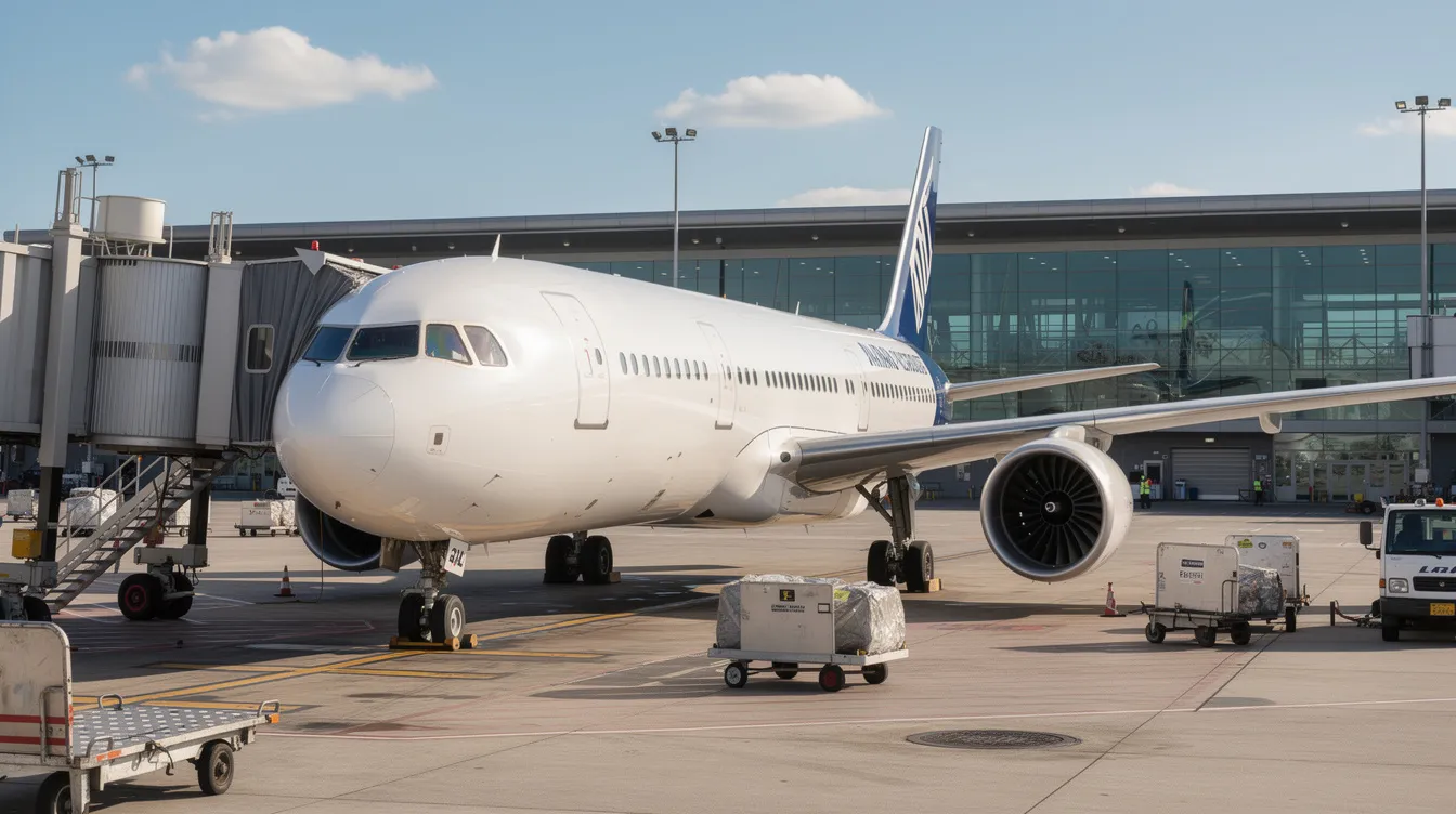 A commercial airplane, specifically a JetBlue Airways aircraft, is parked at a gate at New York's JFK Airport, ready for passengers to board for their flight. The scene captures the bustling airport environment, with nearby gates and other airlines' planes visible in the background.