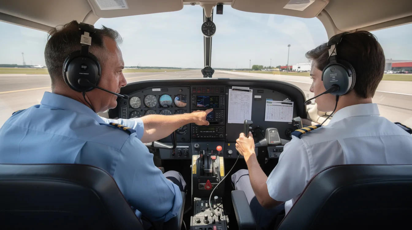 An instructor and a student pilot are seated in the cockpit of a small aircraft, engaged in flight training at Sundance Aviation. The environment showcases the hands-on learning experience essential for future pilots, highlighting the importance of instruction and knowledge in aviation.