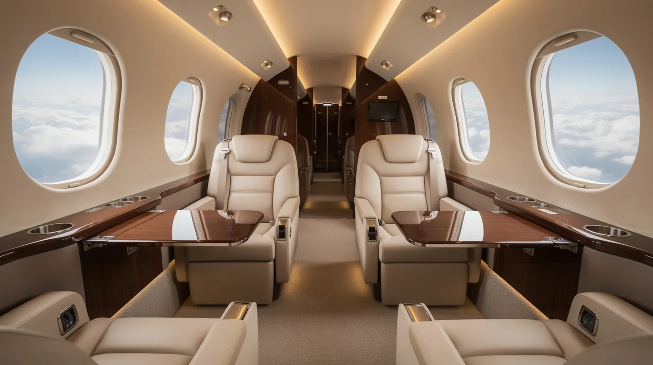 The image depicts the interior of a luxurious private jet cabin, featuring plush leather seats and large windows that reveal a view of fluffy clouds outside, embodying the highest quality in aviation service. This elegant space is designed for comfort and excellence, ideal for those seeking the best experience in private flight.