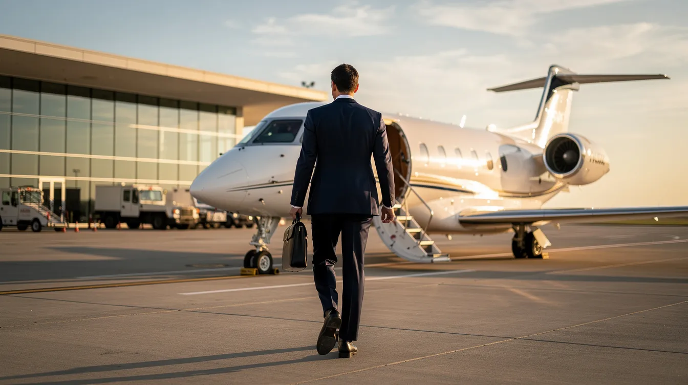 A business professional confidently walks toward a small private jet on the tarmac at a private terminal, ready to embark on a journey that exemplifies the highest quality in aviation service. The scene reflects a commitment to excellence and safety in the industry, highlighting the luxury and convenience of private flight.