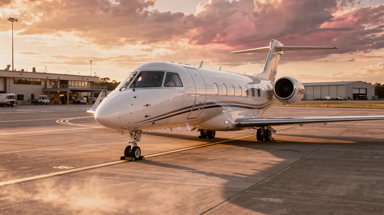 A modern private jet is parked on the tarmac of a small regional airport, illuminated by the warm hues of a sunset. This sleek aircraft represents the highest quality in aviation, ideal for those seeking flight training and excellence in their flying experience.