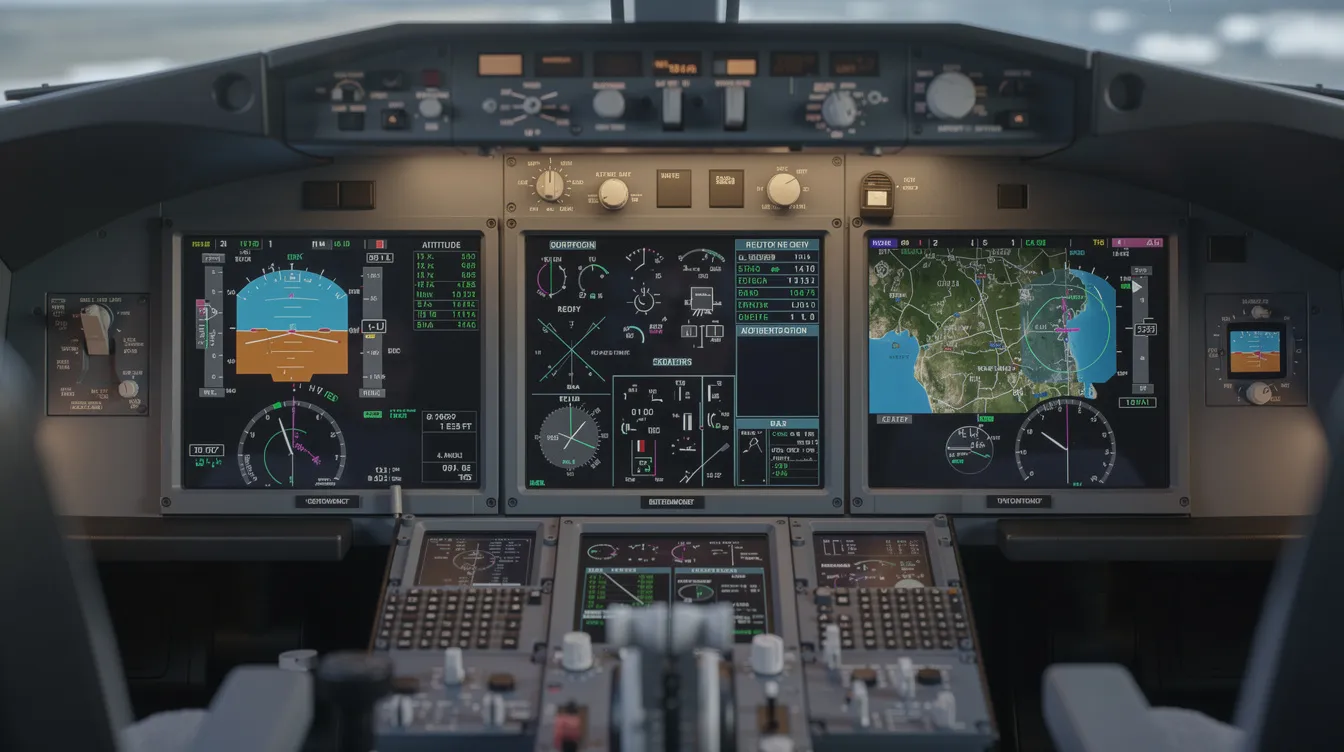 The image features a close-up view of a modern glass cockpit, showcasing multiple digital displays that provide essential flight instruments and navigation information. This advanced aviation setup is crucial for flight training and enhancing the instrument rating for aspiring pilots.