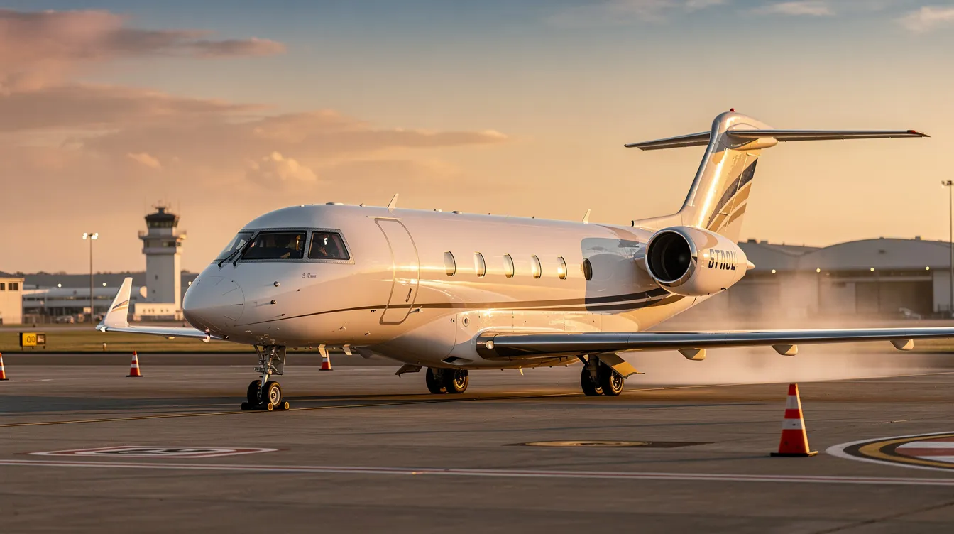 A sleek modern private jet is parked on the tarmac of Davidson County Airport during the golden hour, showcasing its polished exterior and advanced design. This aircraft symbolizes the possibilities of aviation dreams and the journey to becoming a professional pilot through quality flight instruction at an elite flight academy.