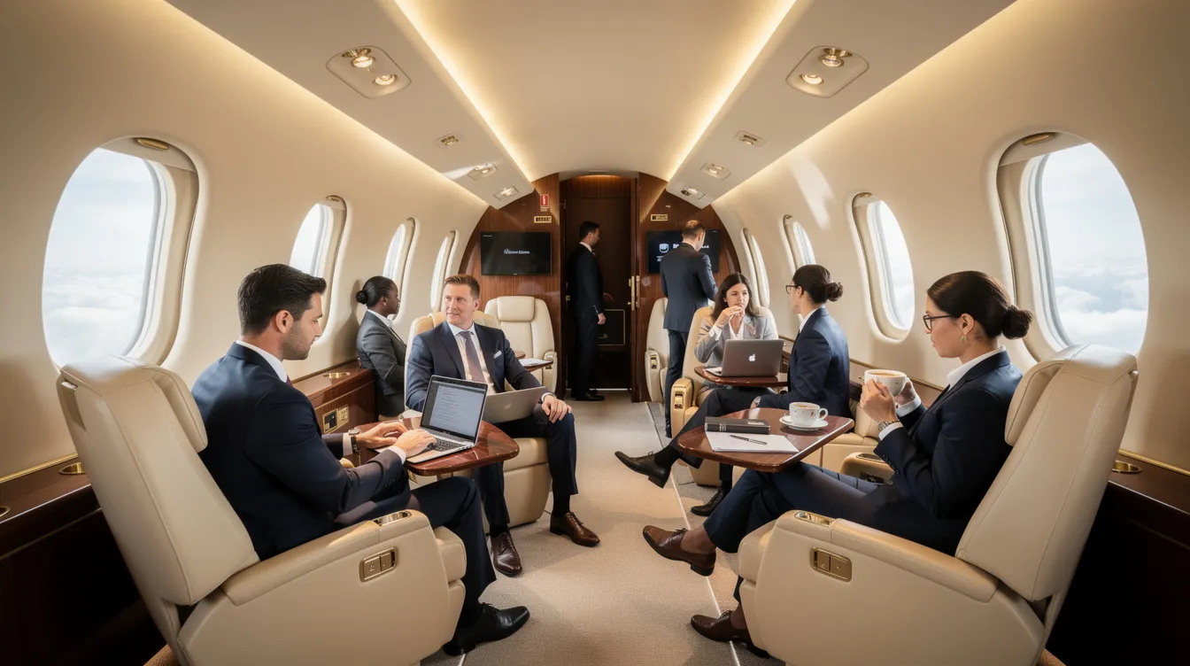 The image depicts business travelers comfortably seated in a spacious private jet cabin during flight, showcasing a modern and luxurious environment. The atmosphere reflects professionalism and the freedom of aviation, making it an ideal setting for those on an elite aviation journey.