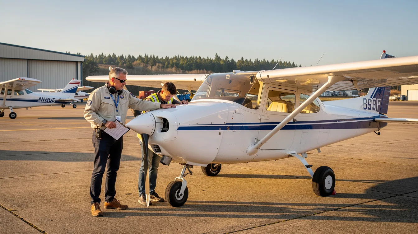 A small training aircraft is parked at the Davidson County Airport, where an instructor and a student are conducting a preflight inspection, emphasizing quality flight instruction and safety as part of their aviation journey at an elite flight academy. The scene captures the dedication and professionalism of the pilots as they prepare for their flight training.