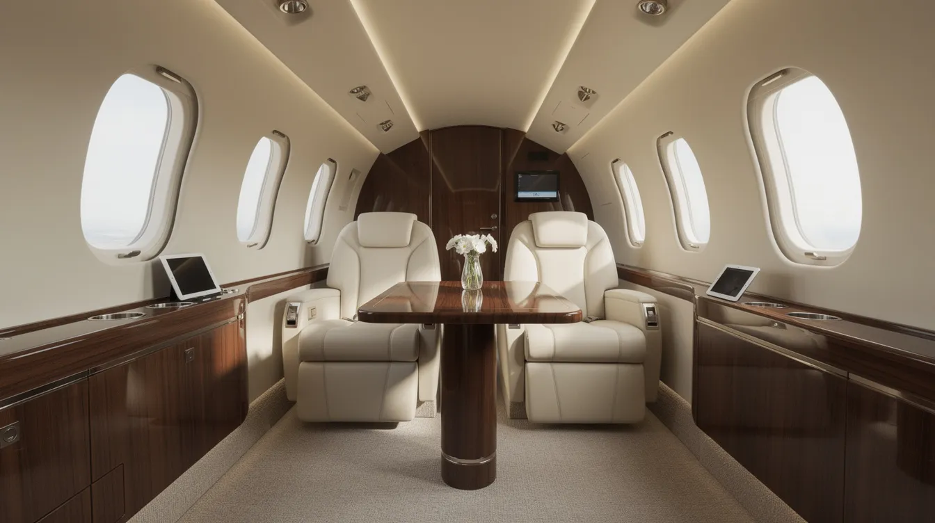 The image depicts the luxurious interior of a private jet cabin, featuring plush leather seating and elegant wood finishes that exemplify refined comfort. This sophisticated space, designed for business aviation, reflects the elevated escape experiences offered by global business aviation companies like VistaJet.