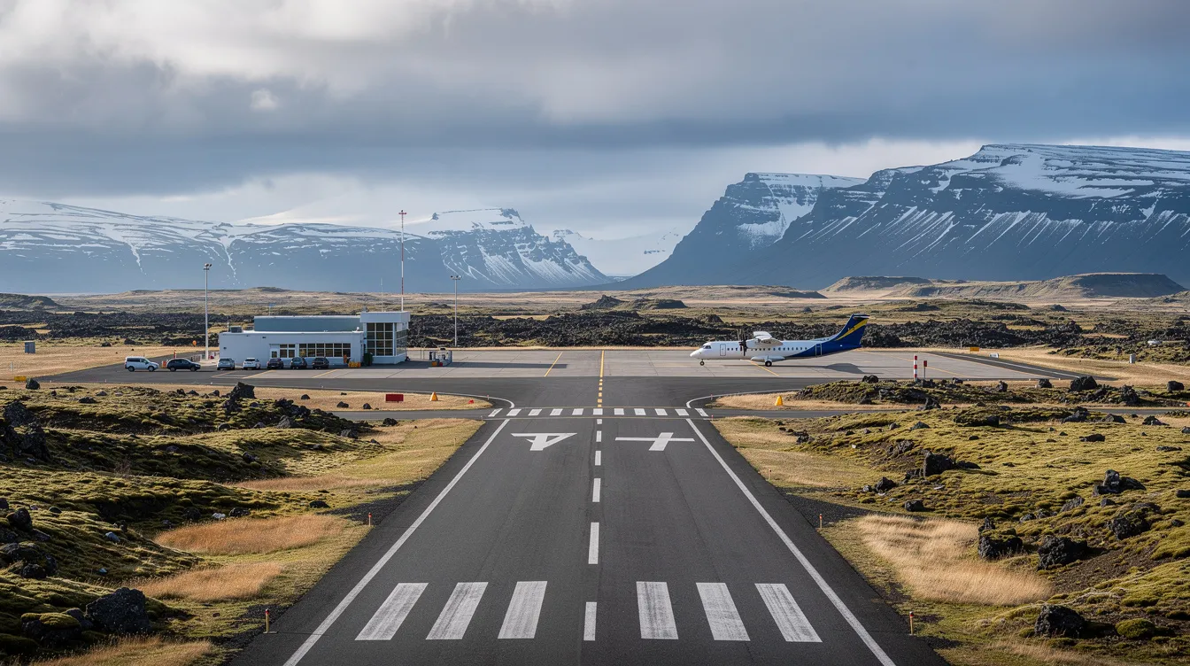 The image depicts a scenic Icelandic landscape featuring a small regional airport nestled among majestic mountains, highlighting the beauty of the off-grid wilderness. This picturesque setting reflects the elevated escape experiences offered by global business aviation companies like VistaJet, known for their consistent and branded fleet of private jets.