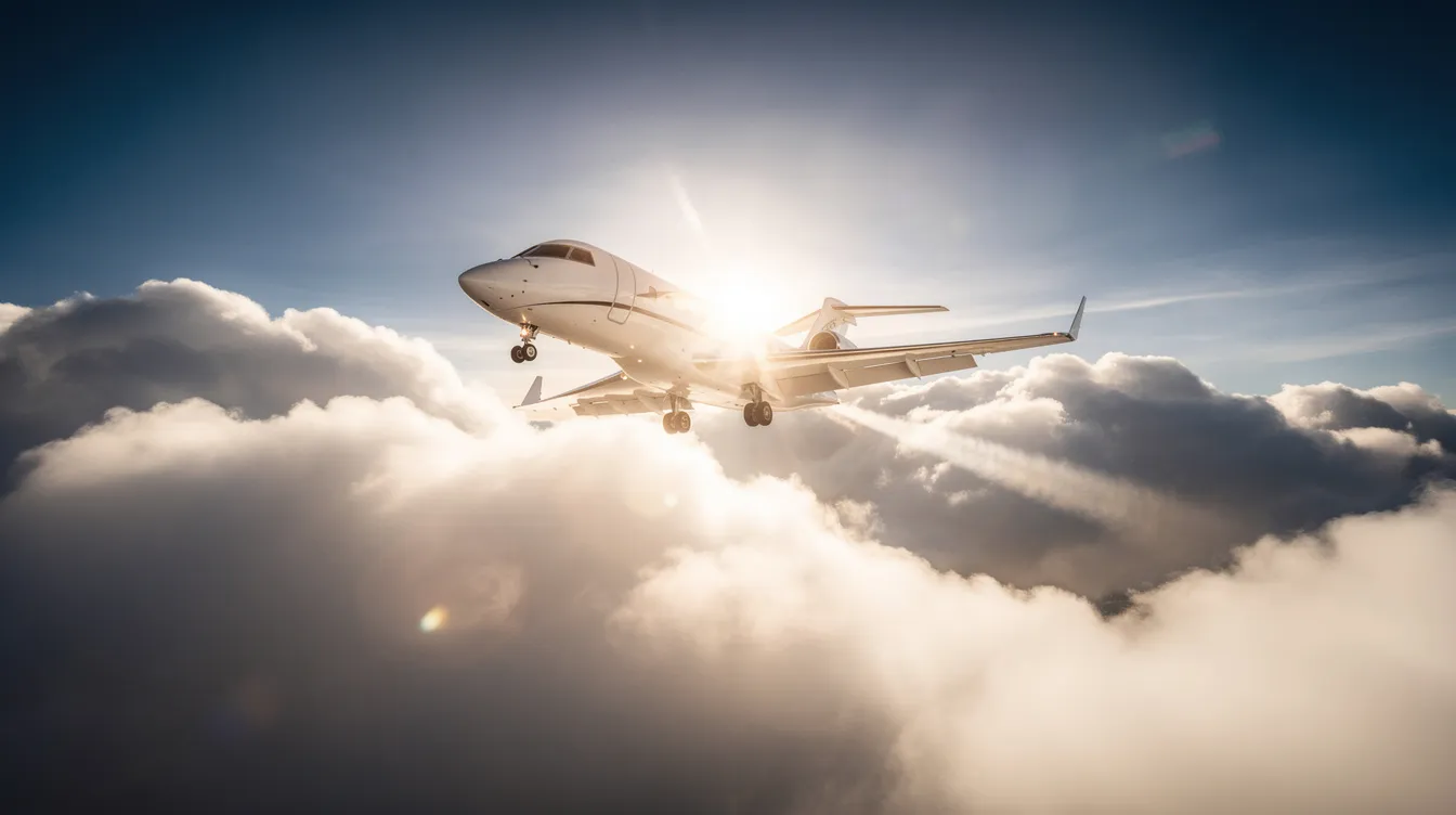 A sleek Cessna Citation private jet climbs through fluffy white clouds, with the sun shining brightly in the background. This business jet, capable of accommodating up to eight passengers, showcases its impressive wing design and powerful JT15D-5D engines as it ascends into the sky.