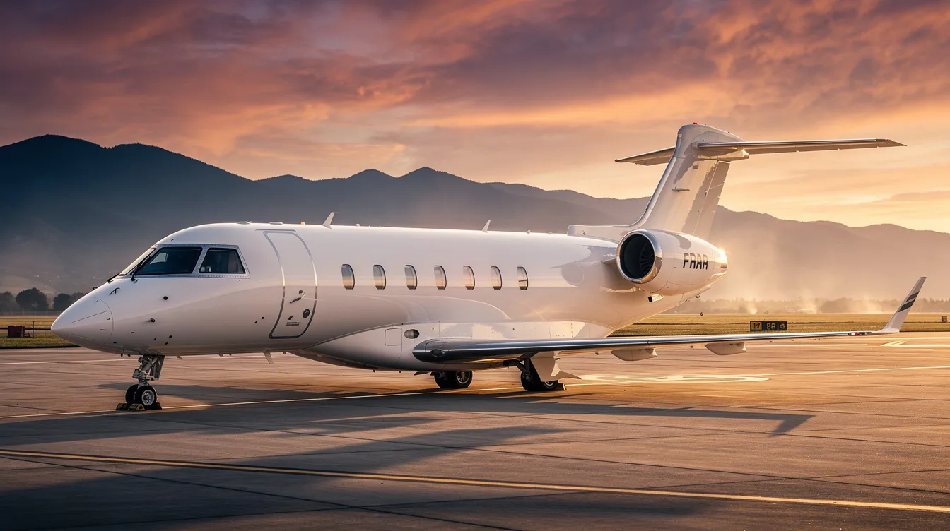 A private jet aircraft is parked on the tarmac at sunset, with majestic mountains in the background, showcasing the allure of private aviation. This scene highlights the luxury and convenience of private jet travel, often associated with jet card programs that offer guaranteed access and transparent pricing for discerning travelers.