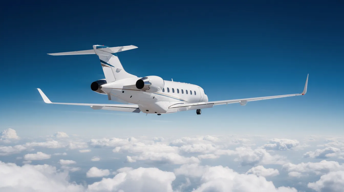 A sleek white private jet soars through a clear blue sky, with fluffy clouds visible below, showcasing the luxury and freedom associated with private aviation. This image captures the essence of private jets as a status symbol for affluent individuals and business leaders.