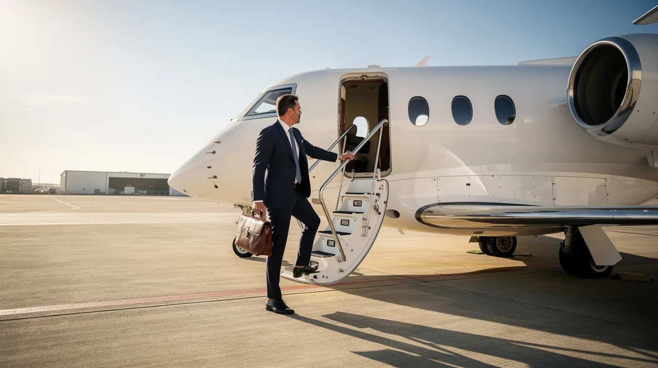 A business executive is seen boarding a private jet on a sunny tarmac, showcasing the luxury and convenience of private aviation. The sleek aircraft, a symbol of status and wealth, reflects the world of private jets and the lifestyle of high-profile individuals.
