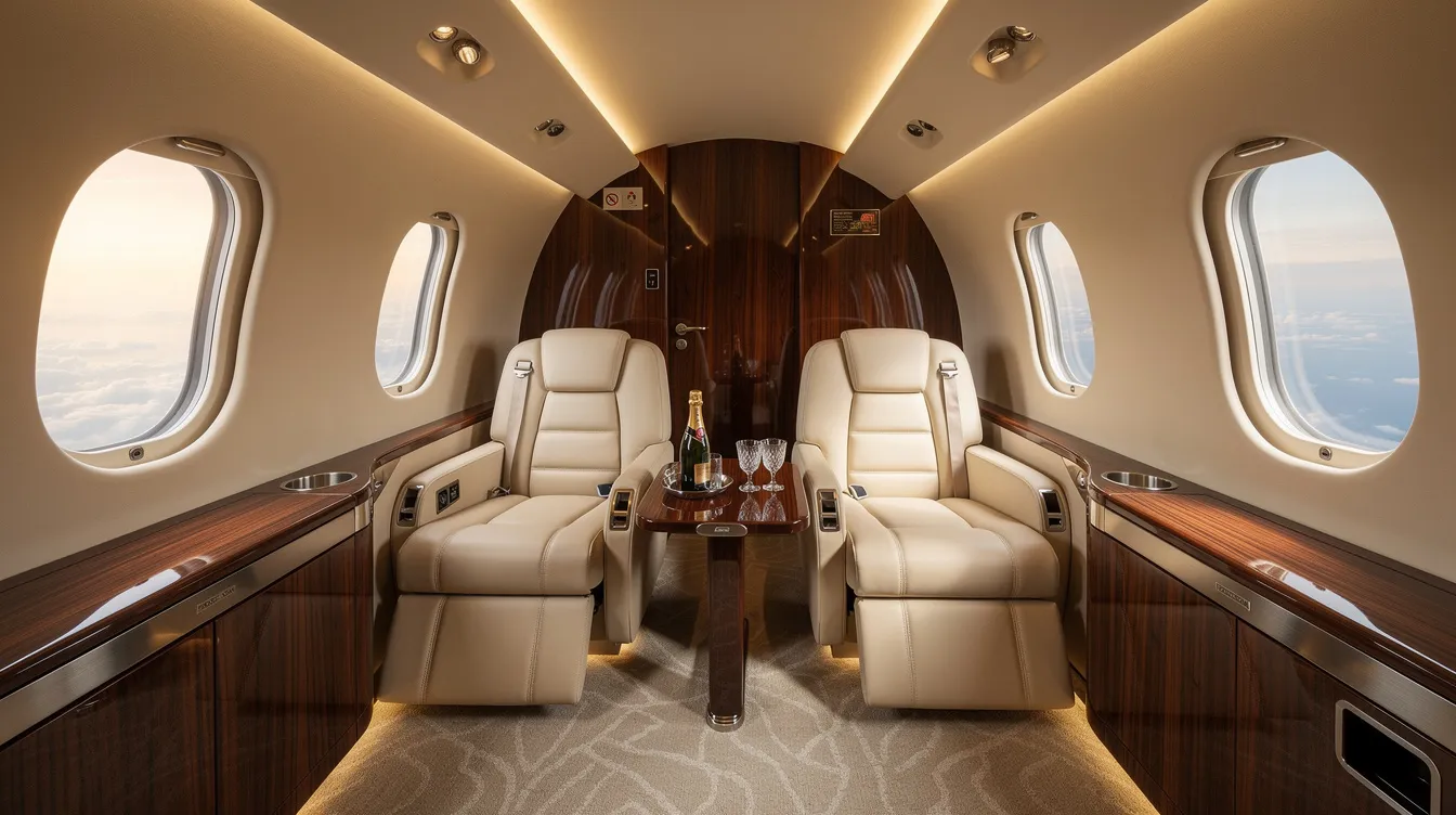 The image depicts the interior of a luxurious private jet cabin featuring cream leather seats and elegant wood paneling, showcasing the opulence associated with private aviation. This spacious environment is designed for comfort and style, reflecting the status symbols often associated with private jets owned by celebrities and business moguls.