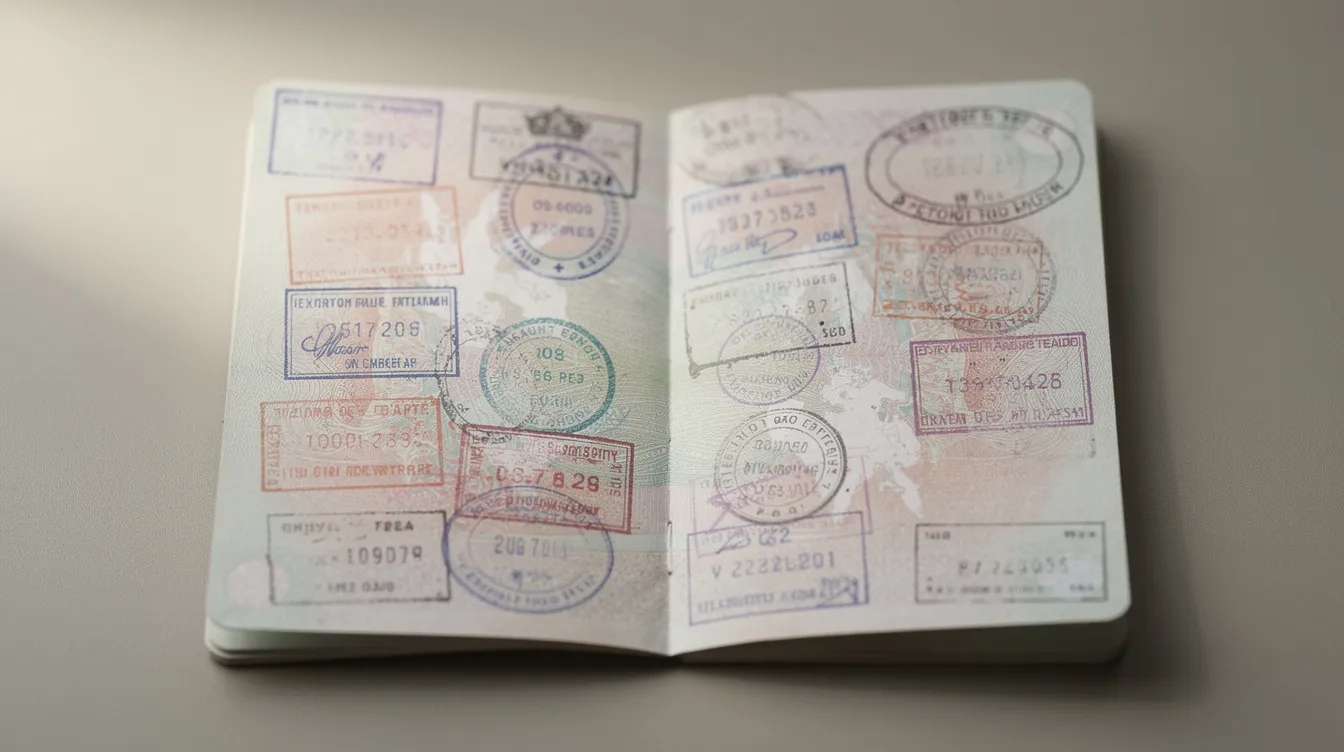 The image depicts an open passport filled with various visa stamps and entry permits, showcasing the travel history of a person who has visited multiple countries. Each stamp represents a different trip, highlighting the extensive experience of foreign nationals navigating their travel needs and employment opportunities abroad.
