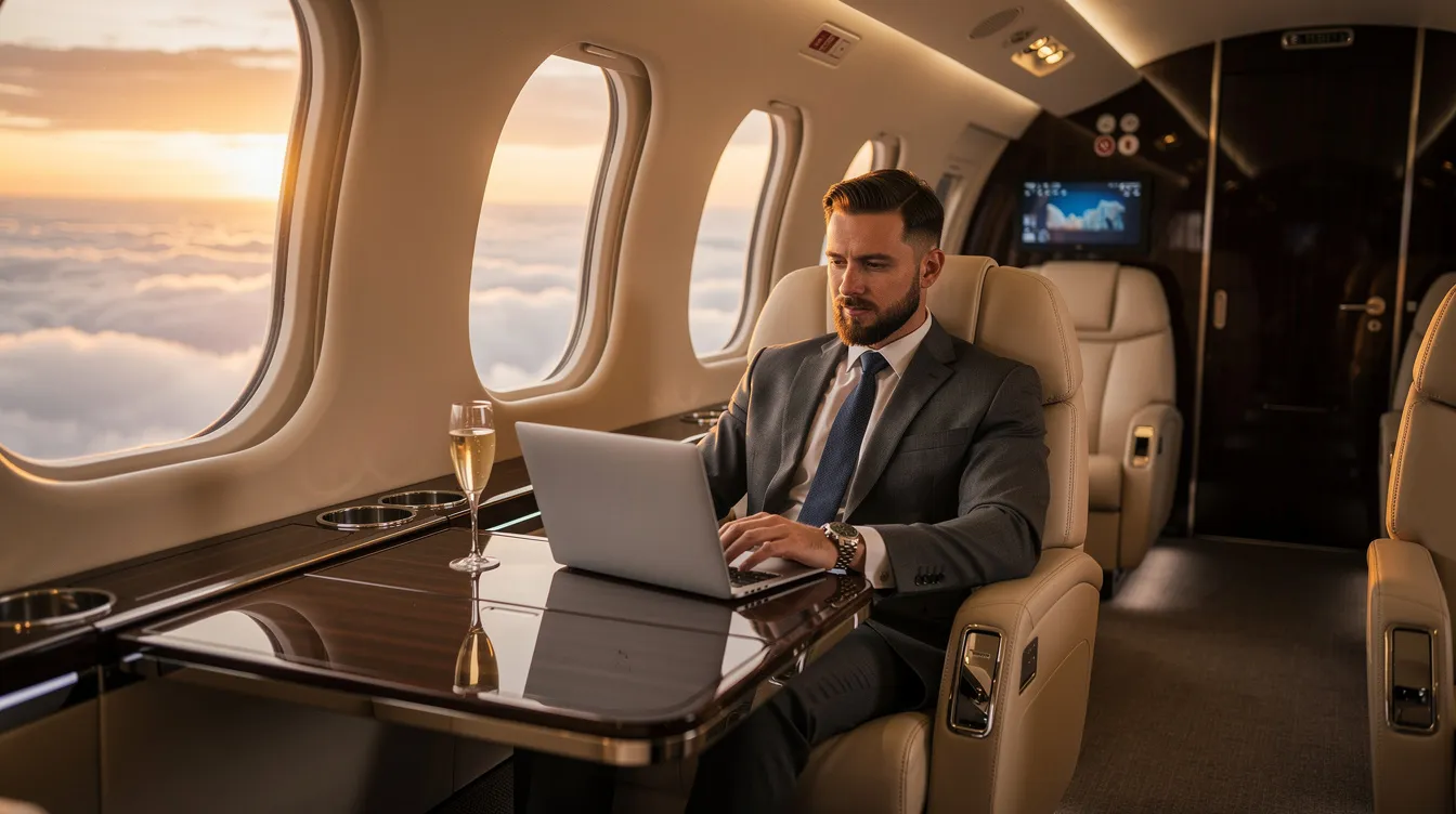 The image depicts a luxurious private jet parked on a runway, symbolizing the convenience and exclusivity of private jet travel for foreign nationals. This mode of transportation caters to various travel needs, offering extensive experience and benefits for clients visiting countries like India, the UK, and Japan.