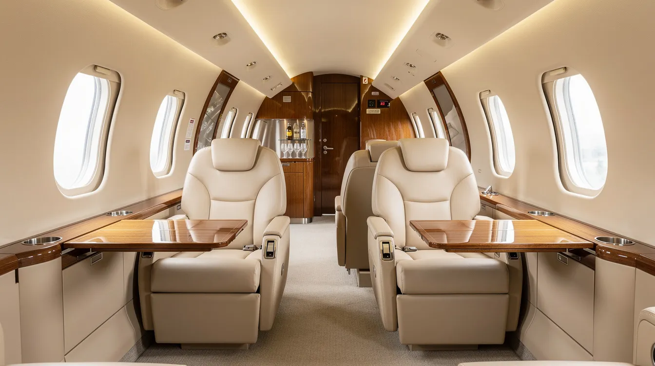 The image depicts the interior cabin of a private midsize jet, featuring comfortable seating arranged for relaxation and business meetings. The luxurious environment is designed to cater to the travel needs of clients, providing a spacious area for work or leisure during their trip.