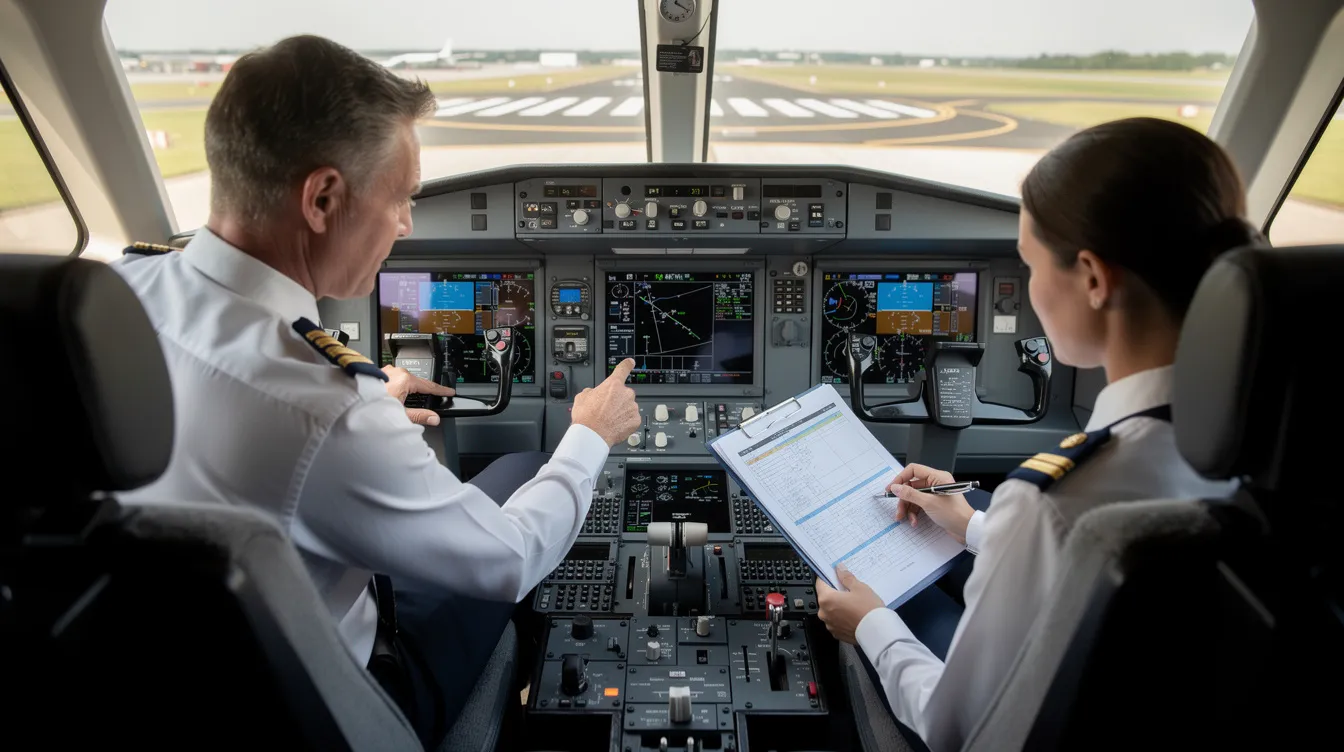 In a modern private jet cockpit, two pilots are intently reviewing flight plans, showcasing their professionalism as private jet pilots. The atmosphere reflects a blend of advanced aviation technology and teamwork, essential for ensuring a safe and efficient flight experience.
