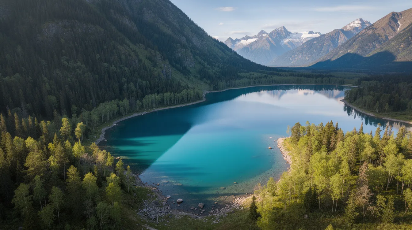 An aerial view showcases a stunning mountain lake nestled among lush forested slopes, with distant peaks framing the scene. This picturesque landscape highlights the beauty of nature, perfect for those looking to fly private from Truckee Tahoe Airport to experience such unique destinations.