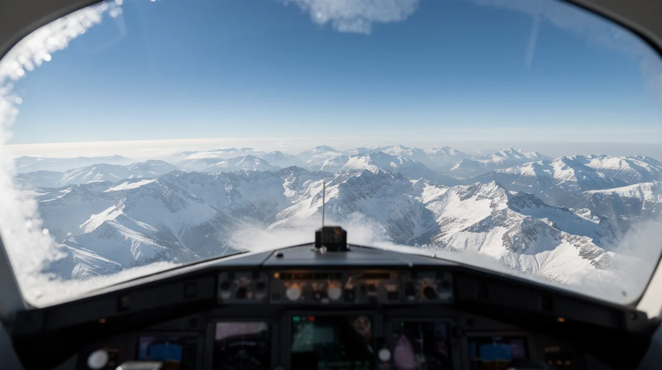 The image shows a cockpit view through an aircraft windshield, revealing breathtaking snow-covered mountain peaks, likely near Truckee Tahoe Airport. This unique perspective highlights the beauty of flying private with Mountain Lion Aviation, emphasizing the convenience and efficiency of personal travel.