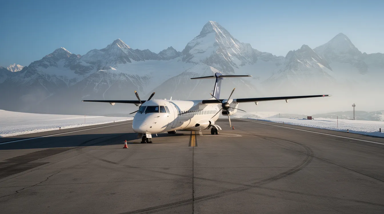 A turboprop aircraft is parked on a runway at Truckee Tahoe Airport, surrounded by stunning snow-capped mountain peaks. This scene captures the essence of mountain aviation, offering a unique and efficient way to fly private in the beautiful Sierra Nevada region.