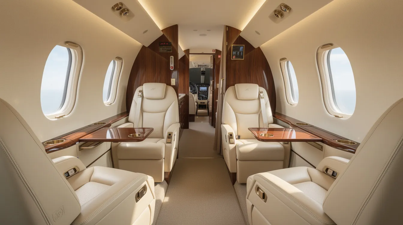 The image depicts the luxurious interior of a private aircraft cabin, featuring plush leather seats and elegant wood grain accents, showcasing a sophisticated environment for travelers. This setting exemplifies the convenience and flexibility of flying private with Mountain Lion Aviation, providing a unique and personalized experience.