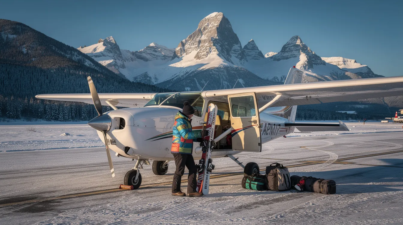 A person is loading ski equipment into a small aircraft at Truckee Tahoe Airport, showcasing the convenience and efficiency of flying private with Mountain Lion Aviation. The scene captures the unique experience of preparing for a mountain getaway, emphasizing flexibility and the better way to travel for skiing adventures.