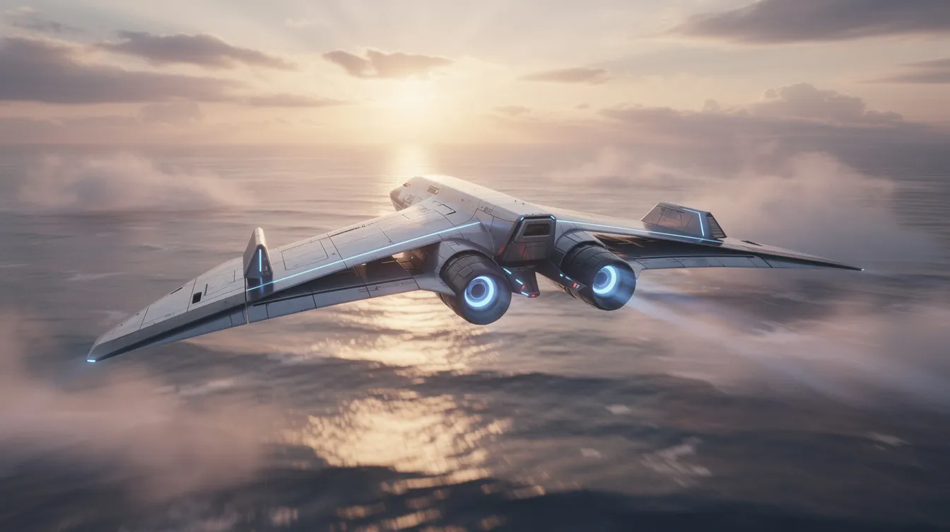 A futuristic aircraft concept soars above the Atlantic Ocean at sunrise, showcasing innovative design features and fuel-efficient engines, symbolizing the future of long-distance flying and transatlantic journeys. The vibrant colors of the sunrise reflect off the aircraft, highlighting its sleek silhouette against the vast ocean backdrop.