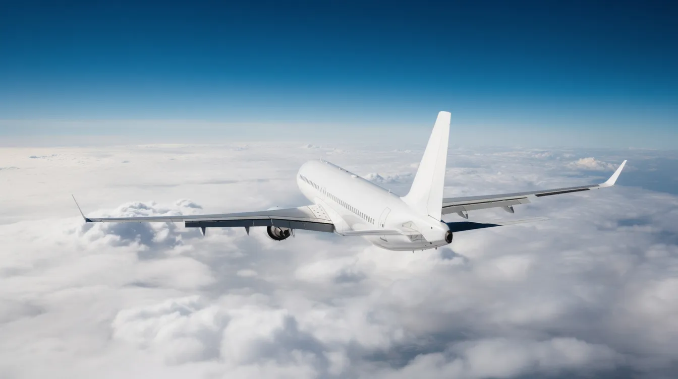 A modern commercial airliner, equipped with fuel-efficient engines, soars above a blanket of clouds at high altitude, symbolizing the luxury of transatlantic flights. This passenger aircraft represents the advancements in international civil aviation, offering travelers a direct route across the Atlantic Ocean.