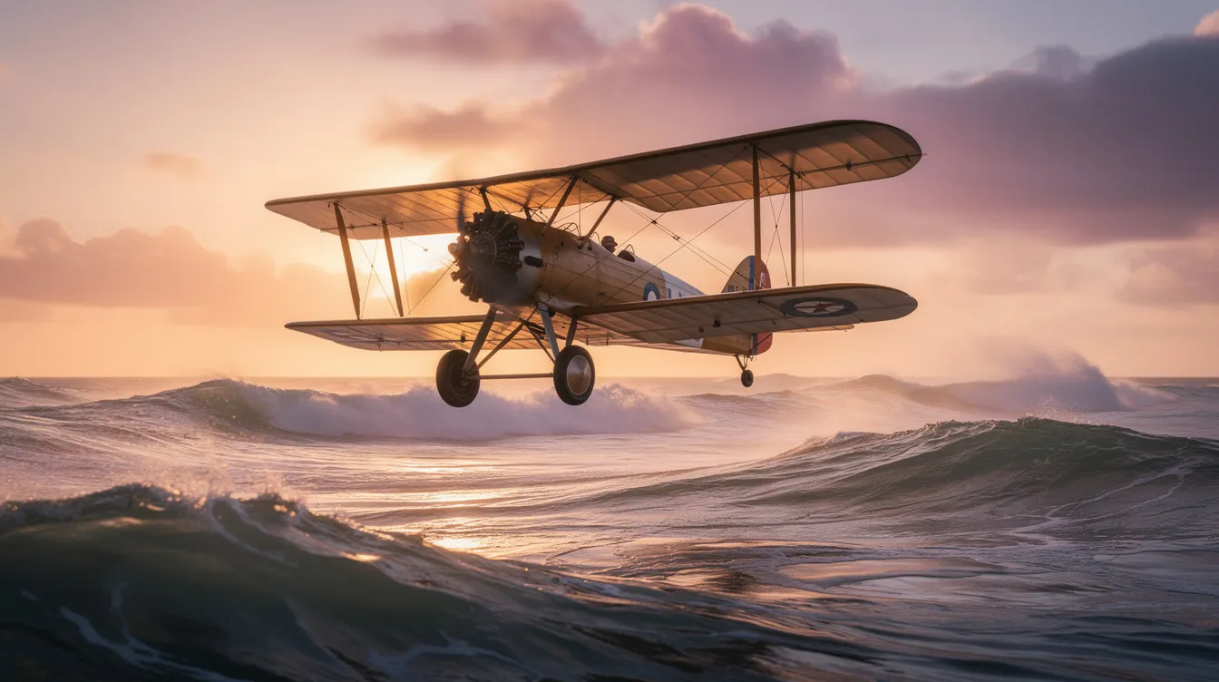 A vintage biplane gracefully soars over the rolling waves of the Atlantic Ocean at sunset, casting a nostalgic silhouette against the vibrant colors of the sky. This scene evokes the spirit of early transatlantic flights, capturing the essence of long-distance flying and adventure across the ocean.