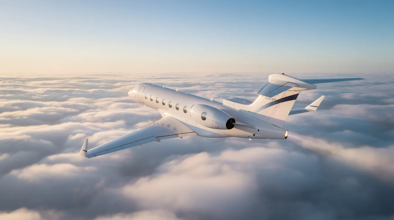 A sleek white Gulfstream business jet soars above a sea of fluffy clouds, representing luxury private aviation. This aircraft, often associated with high-profile figures like Elon Musk, showcases the impressive range and speed of modern jets designed for intercontinental flights.