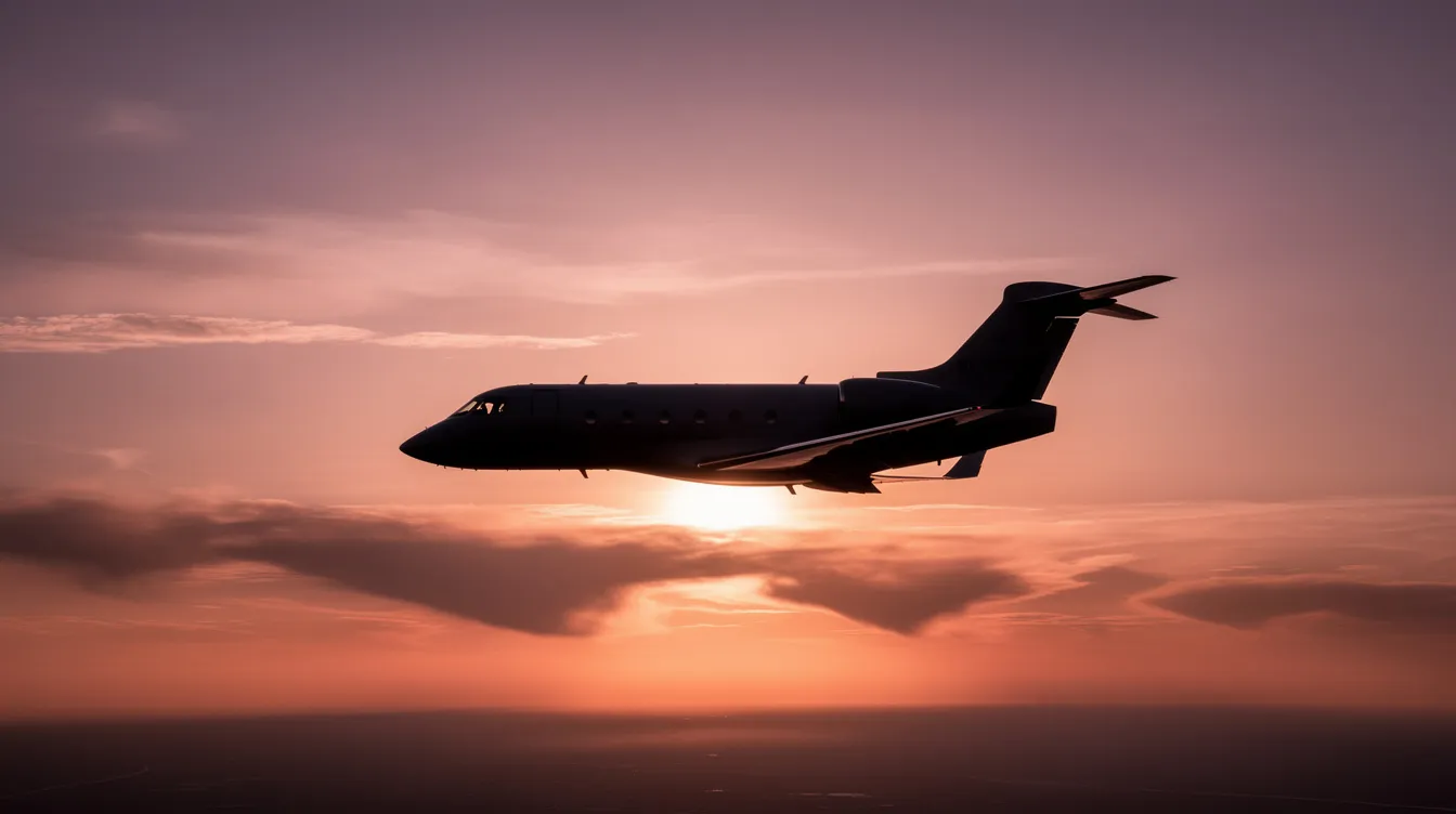 The image depicts a sleek silhouette of a private jet against a vibrant sunset sky, symbolizing luxury and high-altitude travel often associated with elite figures like Elon Musk. This striking scene evokes the essence of private aviation, highlighting the impressive range and efficiency of business jets.