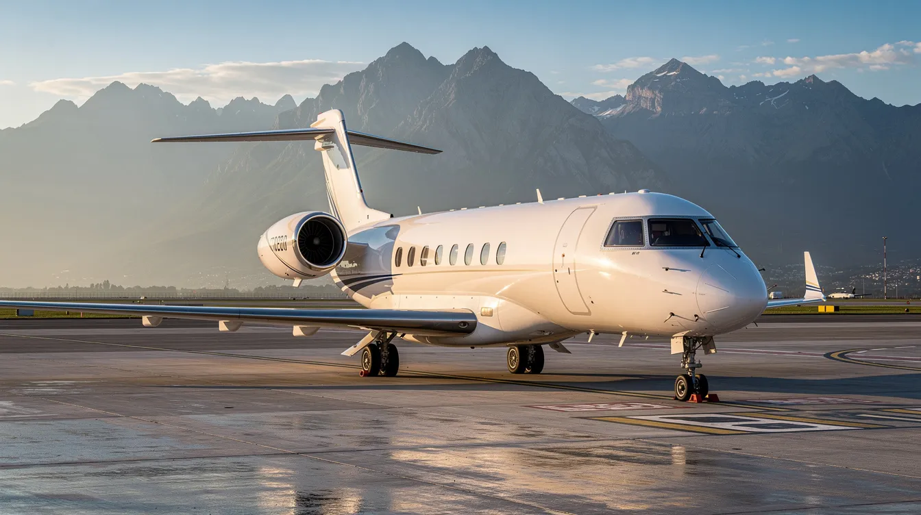 A modern white business jet is parked on a tarmac, with majestic mountains visible in the background, showcasing the luxury and efficiency associated with private aviation. This sleek aircraft, reminiscent of Elon Musk's private jets, is designed for intercontinental flights, emphasizing the impressive range and capabilities of modern business jets.