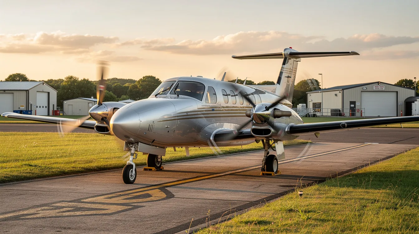 A sleek silver turboprop aircraft is parked on a small regional airfield, showcasing its modern design and efficient capabilities. This private jet, reminiscent of those in Elon Musk's fleet, is ready for business aviation, offering impressive range and comfort for intercontinental flights.