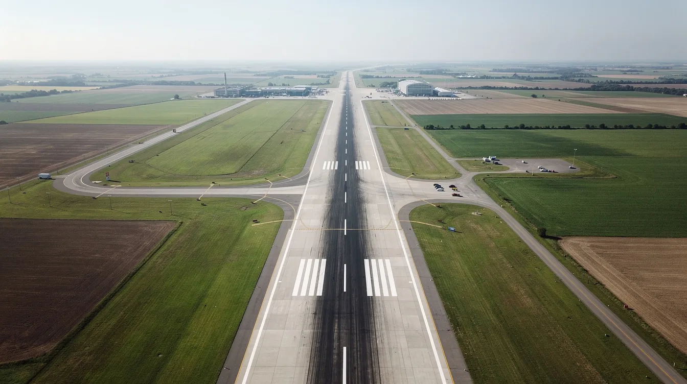 An aerial view captures a long airport runway extending across the flat countryside, with the surrounding landscape showcasing the rural charm of Kent, England. This scene reflects the strategic location of Kent International Airport, also known as Manston Airport, highlighting its connection to flights and travel services in the region.