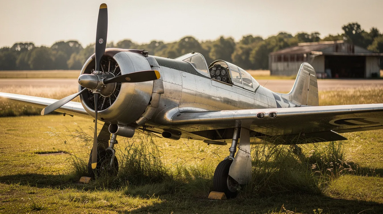 A vintage propeller aircraft is parked on a lush green grass airfield, showcasing its classic design. This serene location is reminiscent of Kent International Airport, providing a picturesque view of aviation history in England.