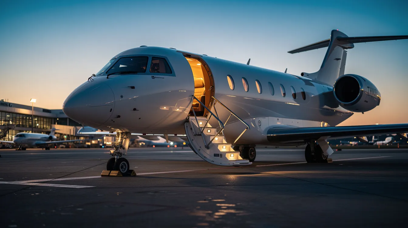 A private jet is parked on the tarmac with its stairs deployed, ready for boarding at Kent International Airport, also known as Manston Airport in England. The scene captures the luxury of private flying, highlighting the aircraft's sleek design against the backdrop of the airport's terminal and car parks.