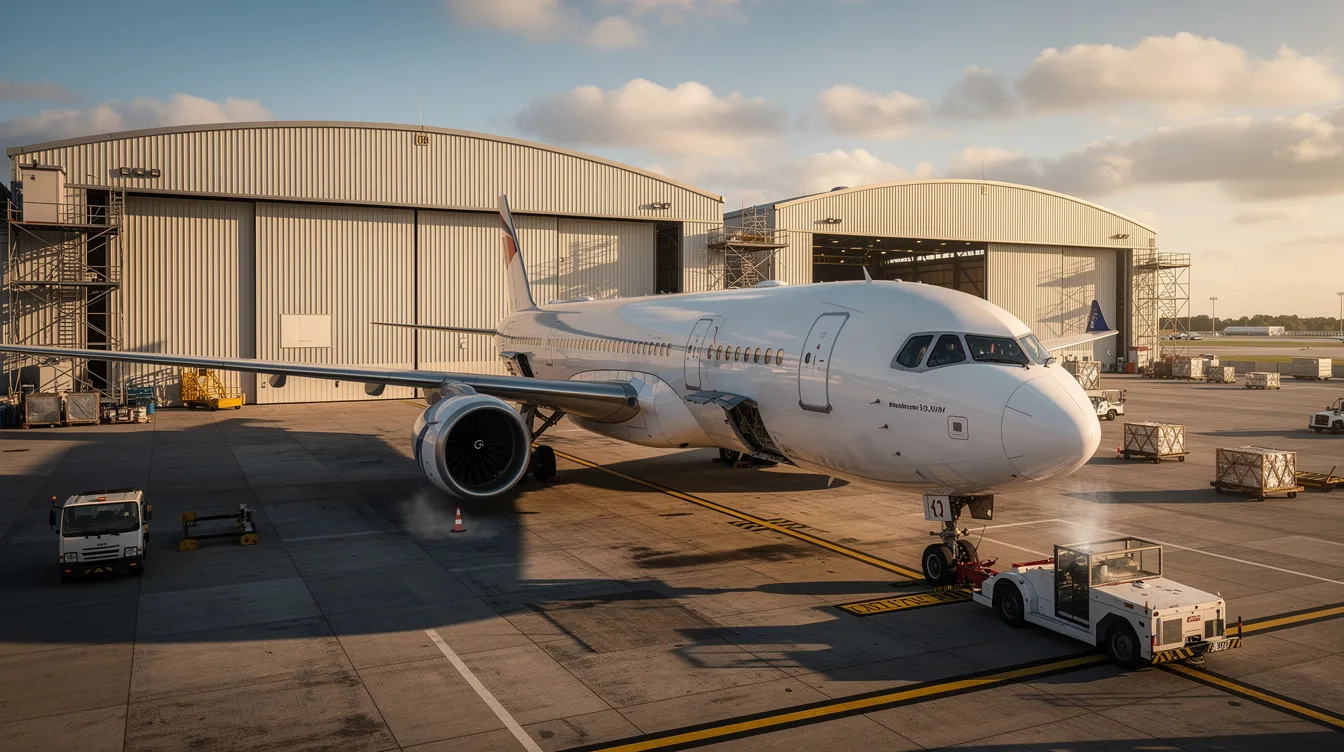 A large commercial aircraft is parked beside industrial hangars at Kent International Airport, also known as London Manston Airport, highlighting the airport's operational location in England. The scene captures the aircraft's size and the proximity of the hangars, emphasizing the airport's role in facilitating flights and travel services.