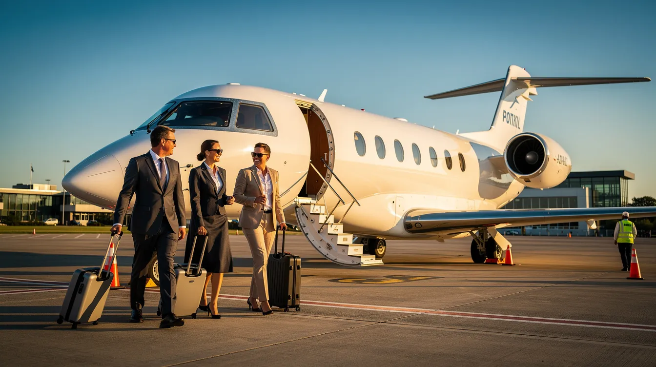 A group of business travelers is boarding a sleek private jet on a sunny tarmac, ready for their journey to various destinations. The scene captures the essence of luxury travel, highlighting the convenience and speed of flying, especially for those seeking the best deals on flights.