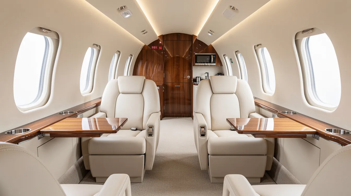 The image shows the interior of a midsize private jet cabin, featuring luxurious leather seats and elegant wooden accents, creating a comfortable and stylish atmosphere for travelers. This setting is ideal for those seeking the best deals on flights to their desired destination.