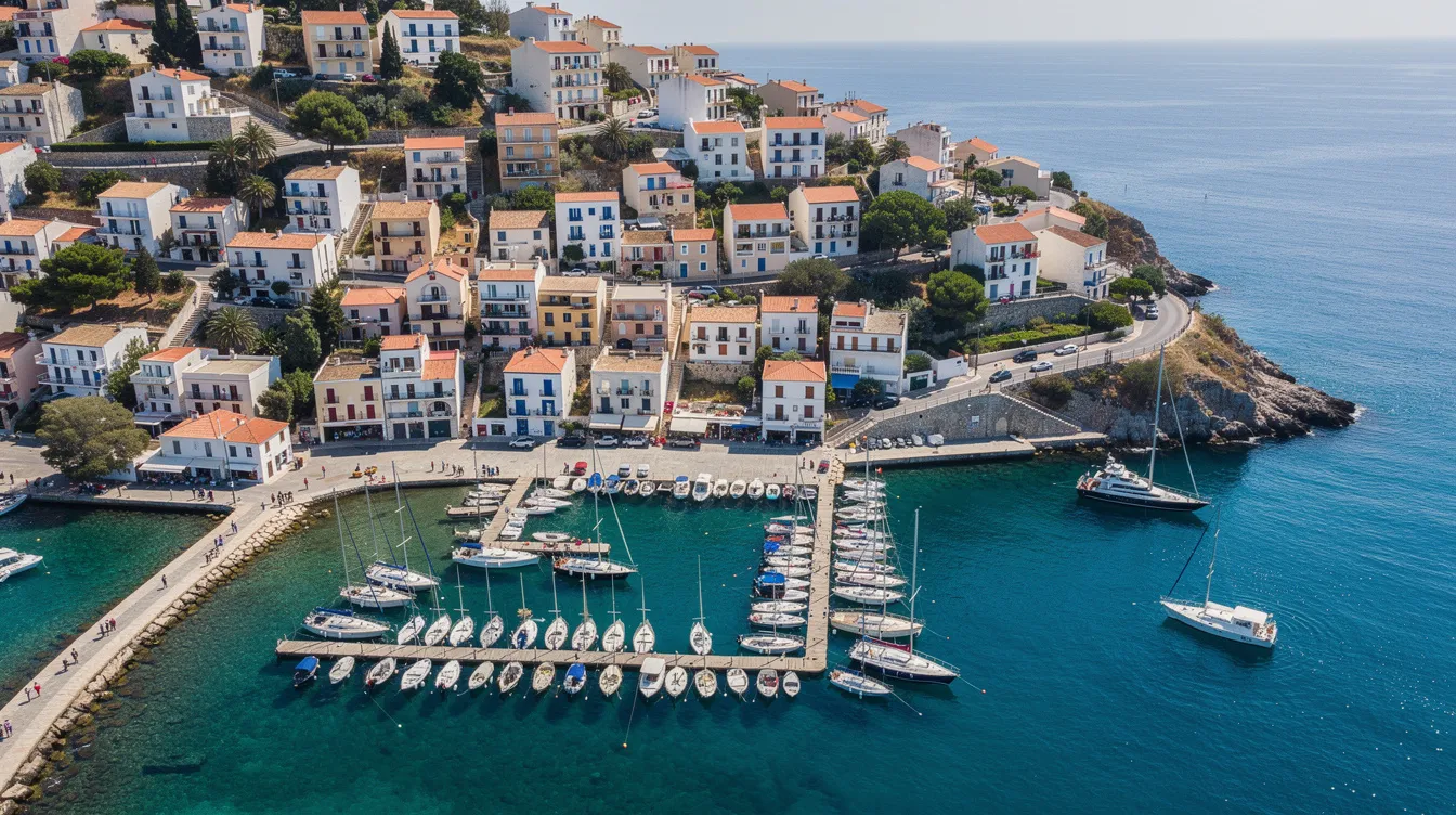 An aerial view showcases a picturesque coastal Mediterranean destination, highlighting a vibrant harbor filled with boats. This scenic landscape invites travelers to explore the region, offering opportunities to find the best deals on flights and discover nearby airports for a memorable getaway.
