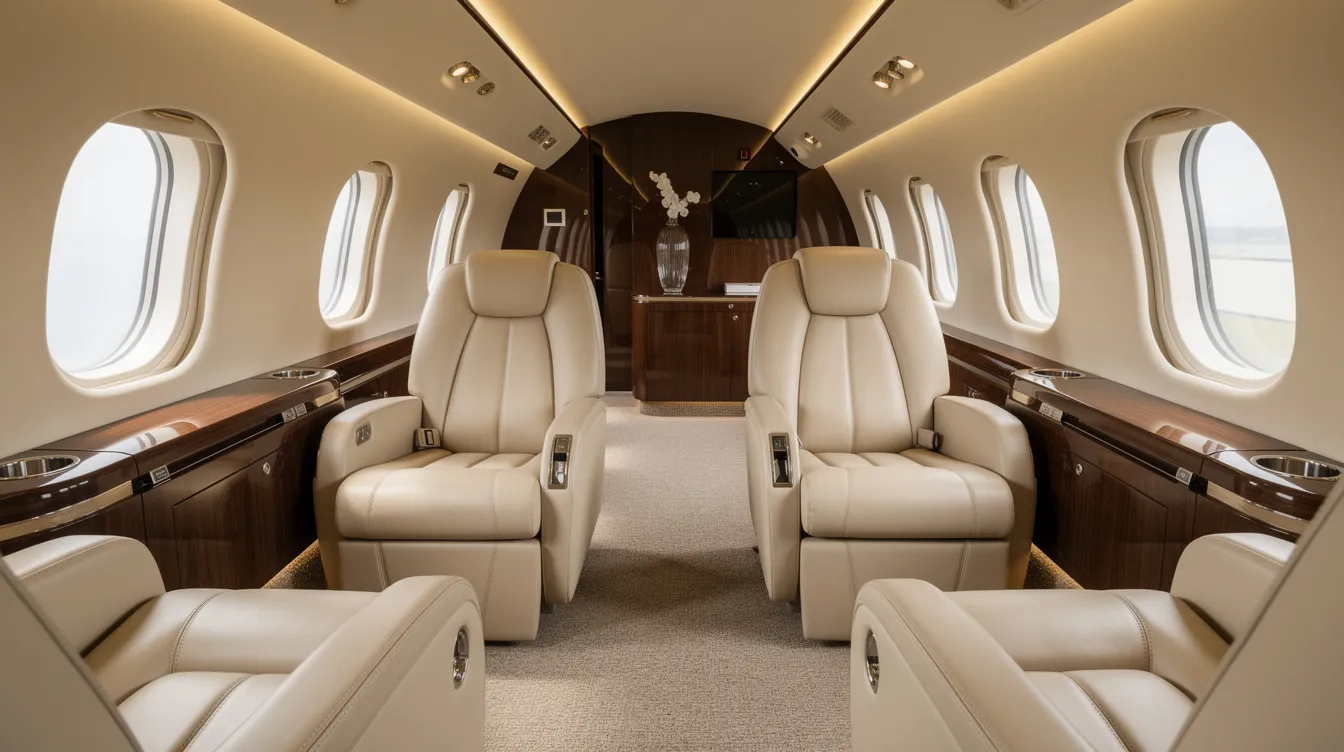 The image depicts a luxurious aircraft interior featuring cream leather club seating complemented by elegant wood accents, creating a stylish prestige cabin. This sophisticated space is designed for comfort and efficiency, highlighting the advanced cockpit and modern amenities that enhance the flying experience.