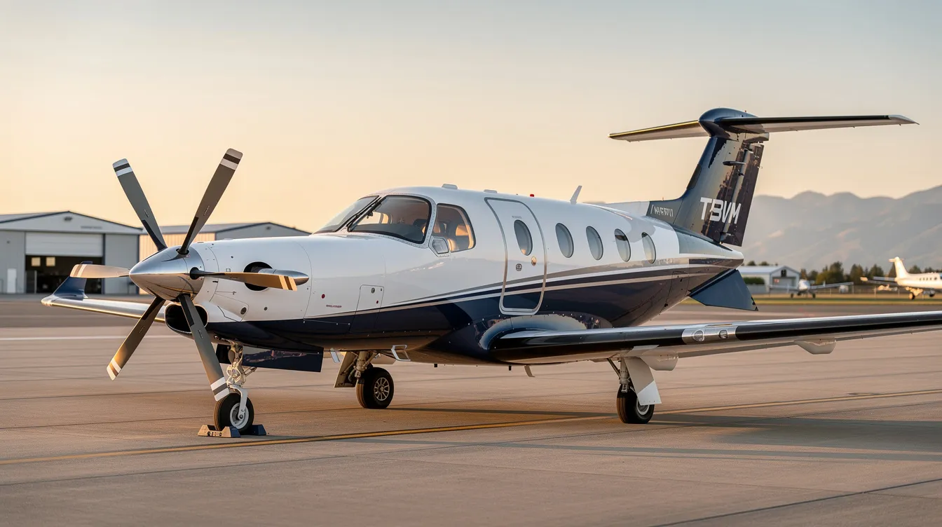 The image features the TBM 960, showcasing its sleek design and advanced cockpit equipped with flight deck automation and a digitally controlled turboprop engine. Highlights include the stylish prestige cabin, five blade composite propeller, and advanced surveillance features, all contributing to maximum efficiency and reduced pilot workload.