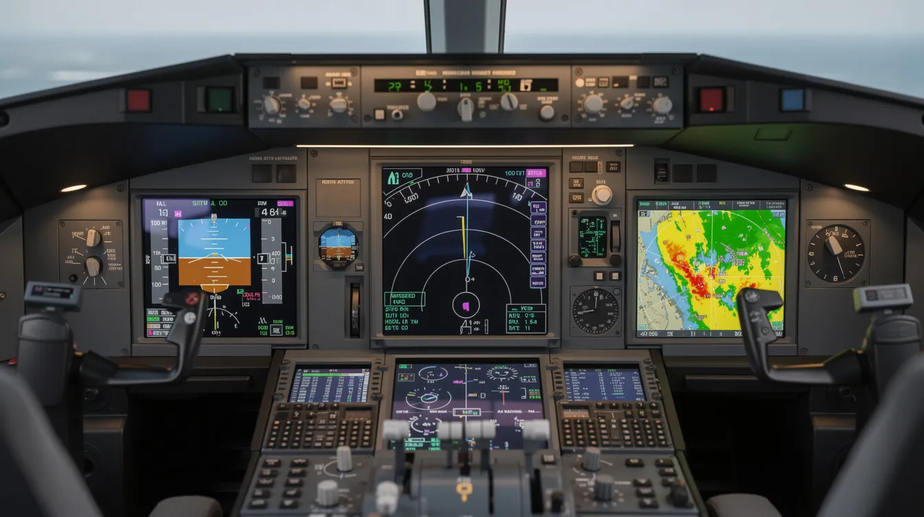 The image showcases a modern glass cockpit equipped with multiple digital displays that present flight instruments and weather data, emphasizing advanced cockpit technology. This setup features a fully digital engine, enhancing pilot workload management and ensuring maximum efficiency during flight operations.