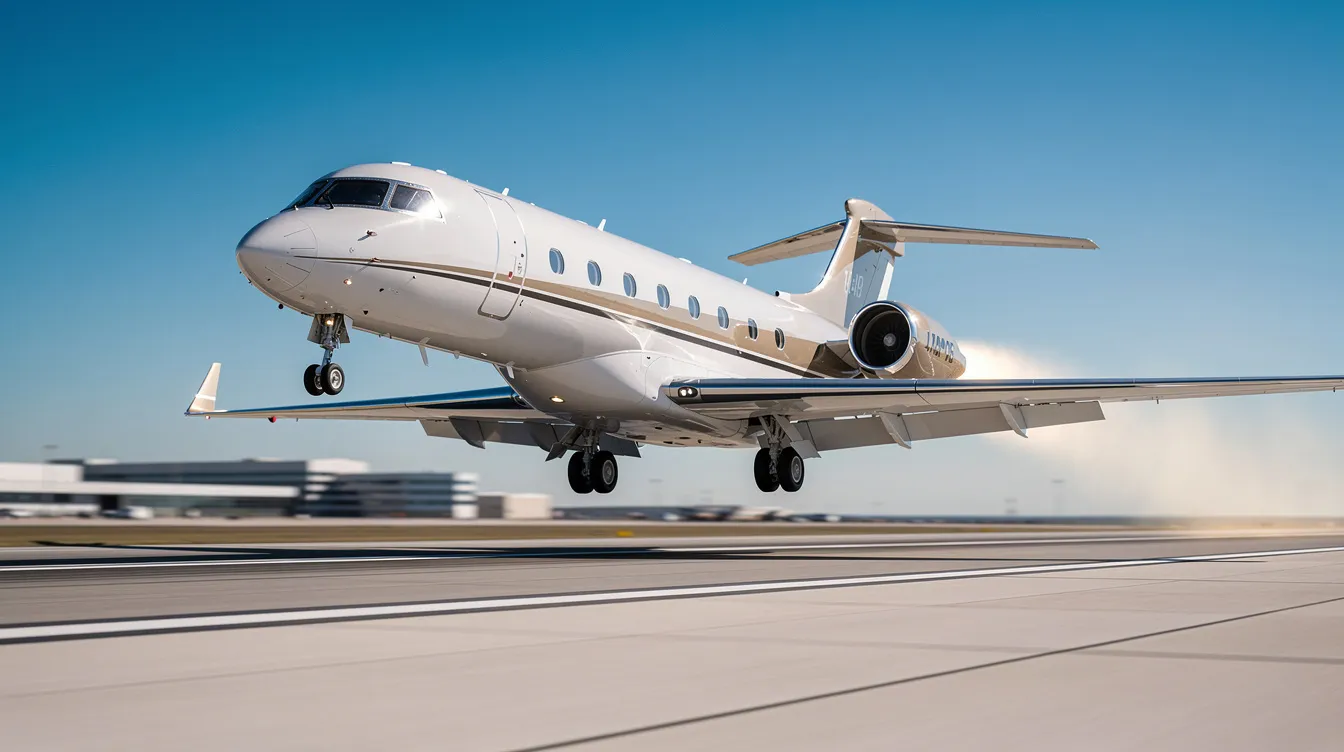A modern private jet aircraft, resembling a Douglas DC-9, is taking off against a clear blue sky, showcasing its sleek fuselage and rear-mounted engines. The scene captures the essence of aviation, highlighting the jet's powerful ascent and the freedom of flight.