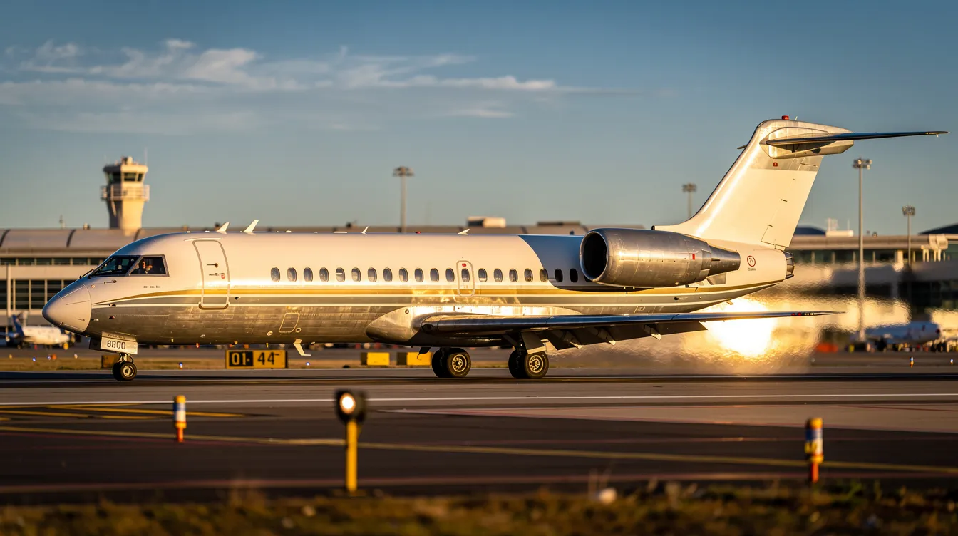 The image features a Douglas DC-9 jet aircraft, showcasing its distinctive rear-mounted engines and sleek fuselage design. This iconic plane, used by airlines such as Delta and Northwest, is known for its efficiency in passenger operations and ability to operate from shorter runways.