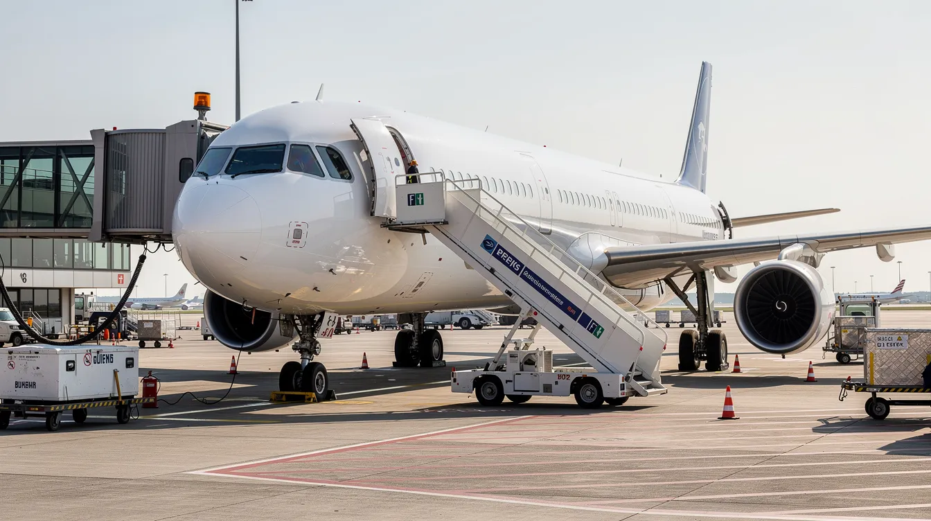 A commercial passenger aircraft, specifically a Douglas DC-9 model, is parked at an airport gate with a jetway connected to its door, ready for passenger operations. The aircraft features rear-mounted engines and is part of a fleet operated by airlines like Delta and Northwest, serving routes to smaller airports.