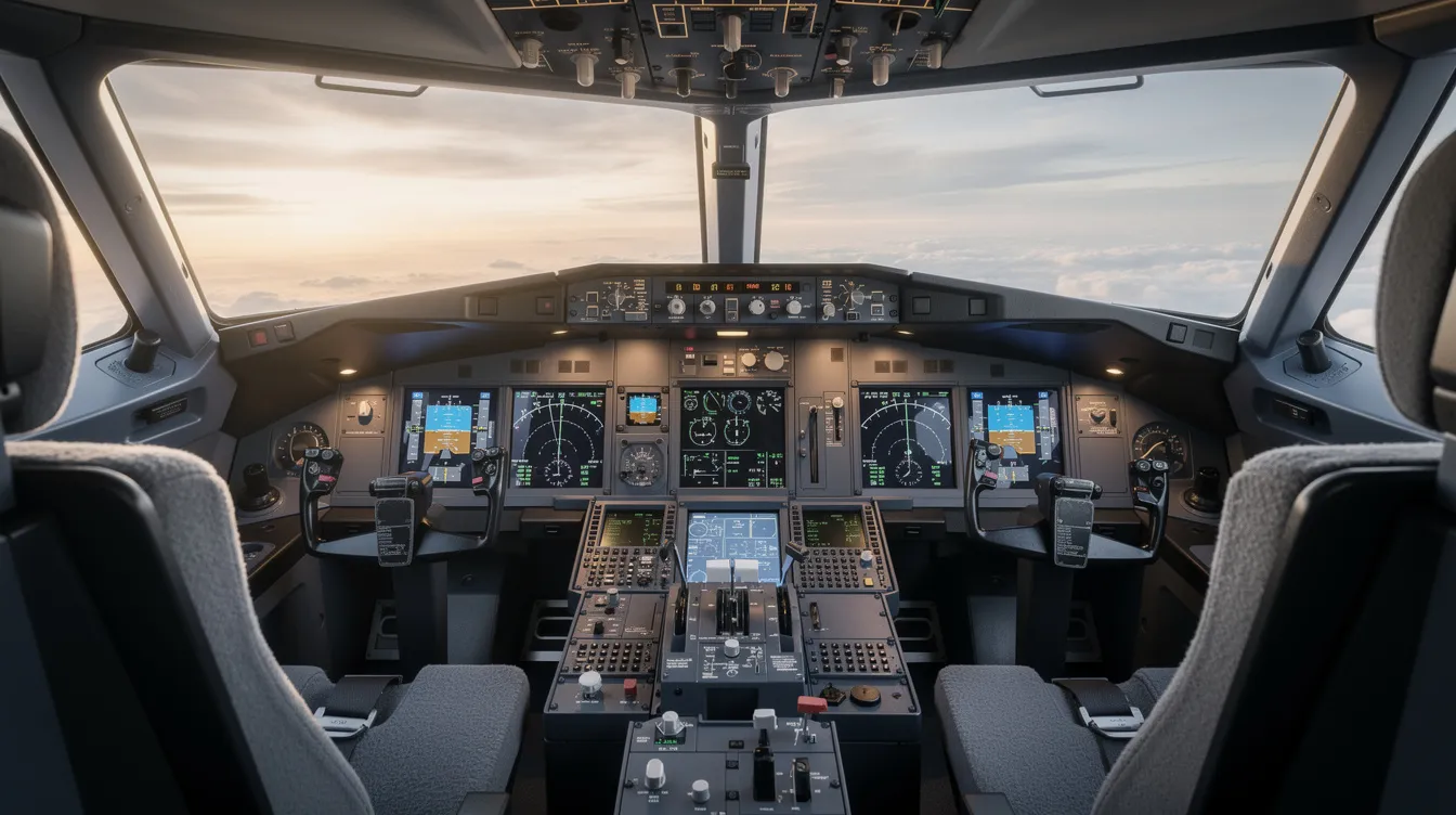 The image depicts a modern aircraft cockpit featuring advanced digital flight displays and control systems, essential for pilots during flight operations. This high-tech environment is designed for efficiency and safety in jet aircraft, reflecting the innovations of companies like the Douglas Aircraft Company and their models, such as the DC-9.