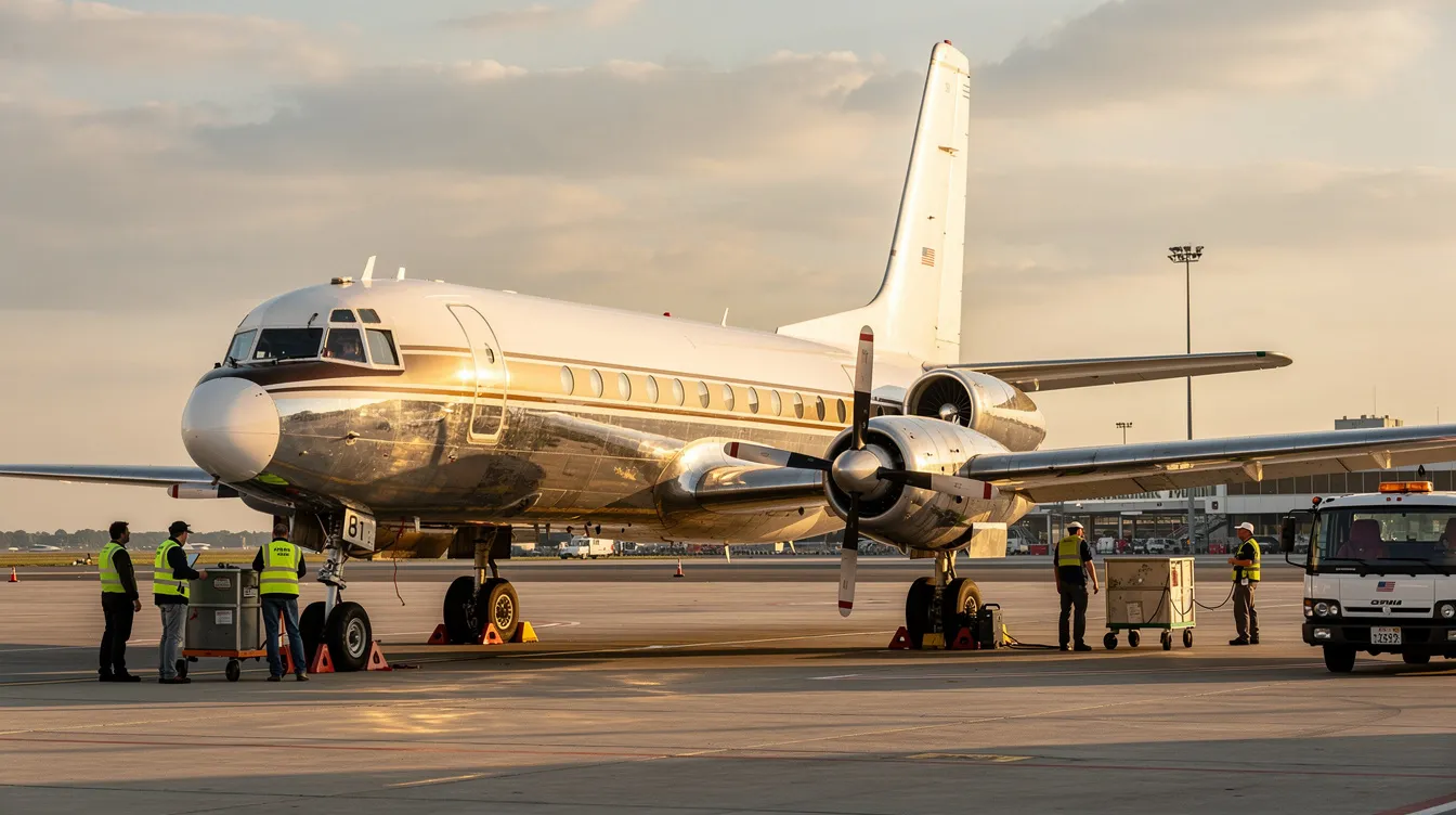 A vintage Douglas DC-9 twin-engine jet aircraft is parked on the airport tarmac, showcasing its rear-mounted engines and sleek fuselage, while ground crew members attend to the plane nearby. The scene captures the essence of aviation history, highlighting the aircraft's role in passenger operations and its significance in the fleets of airlines like Delta and Northwest.